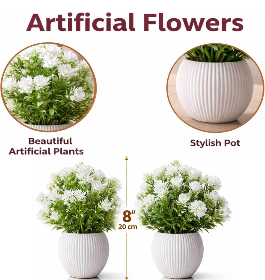 Yarma Artificial Flower Plants with White Pot, Set of 2, White Blossoms with Green Leaves,