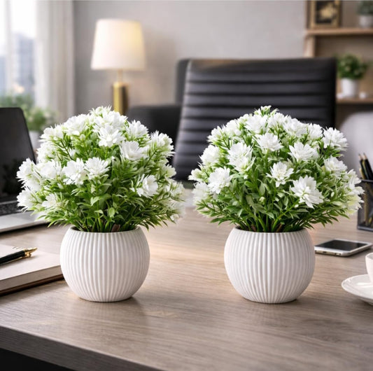 Yarma Artificial Flower Plants with White Pot, Set of 2, White Blossoms with Green Leaves,
