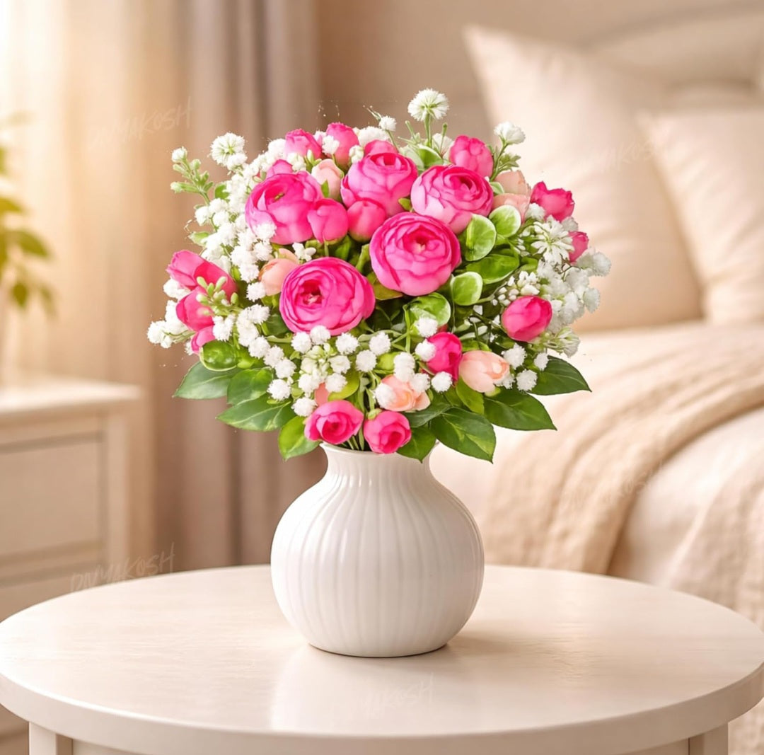 Yarma Divyakosh Artificial Peony Flower Bunch for Vase | Real Touch Faux Flowers with Gypsophila & Green Leaves
