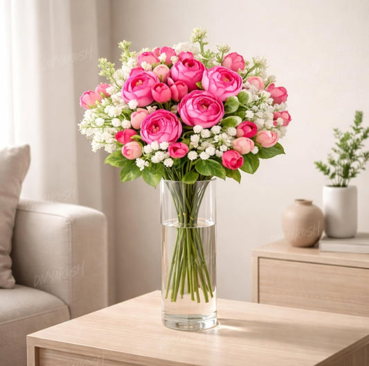 Yarma Divyakosh Artificial Peony Flower Bunch for Vase | Real Touch Faux Flowers with Gypsophila & Green Leaves