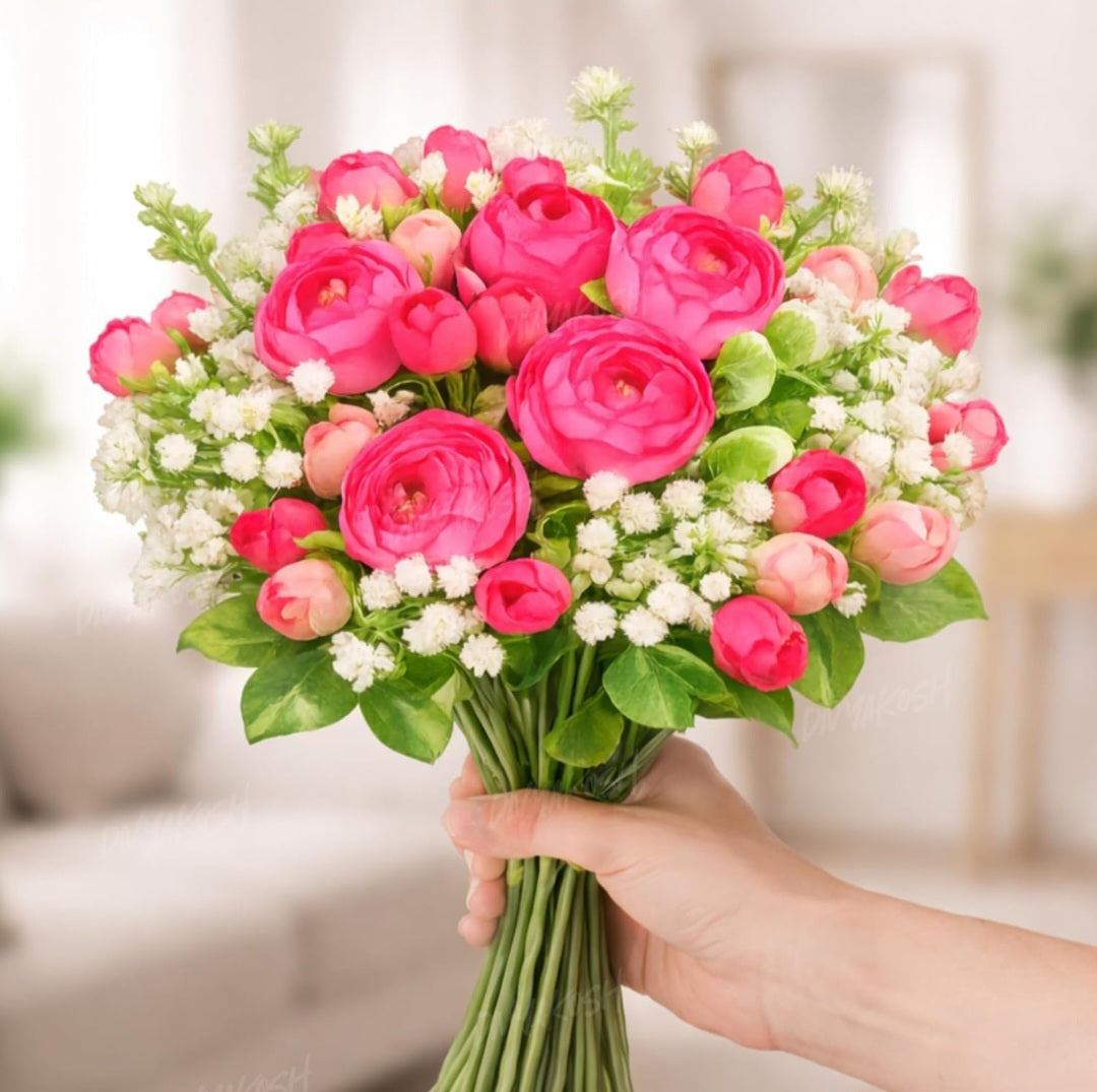 Yarma Divyakosh Artificial Peony Flower Bunch for Vase | Real Touch Faux Flowers with Gypsophila & Green Leaves