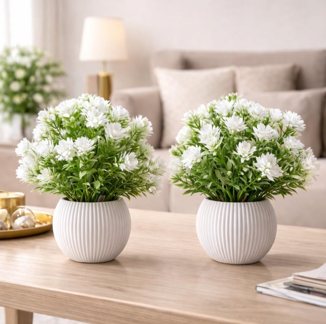 Yarma Artificial Flower Plants with White Pot, Set of 2, White Blossoms with Green Leaves,