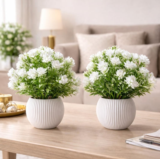 Yarma Artificial Flower Plants with White Pot, Set of 2, White Blossoms with Green Leaves,