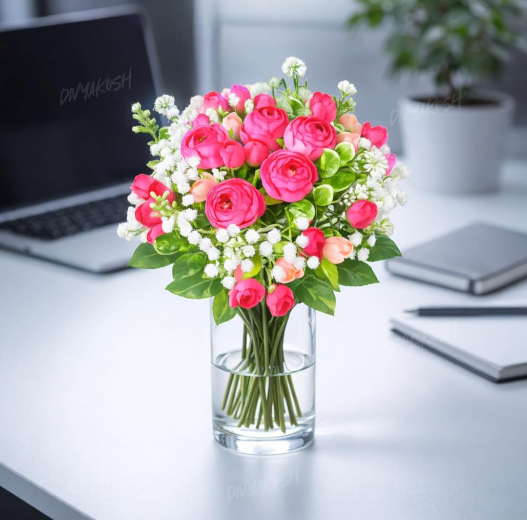 Yarma Divyakosh Artificial Peony Flower Bunch for Vase | Real Touch Faux Flowers with Gypsophila & Green Leaves