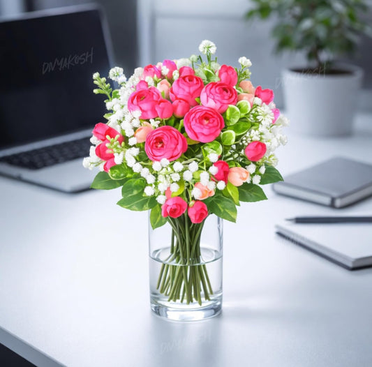 Yarma Divyakosh Artificial Peony Flower Bunch for Vase | Real Touch Faux Flowers with Gypsophila & Green Leaves