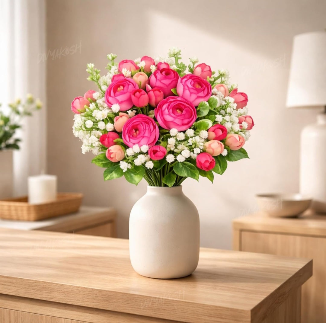 Yarma Divyakosh Artificial Peony Flower Bunch for Vase | Real Touch Faux Flowers with Gypsophila & Green Leaves