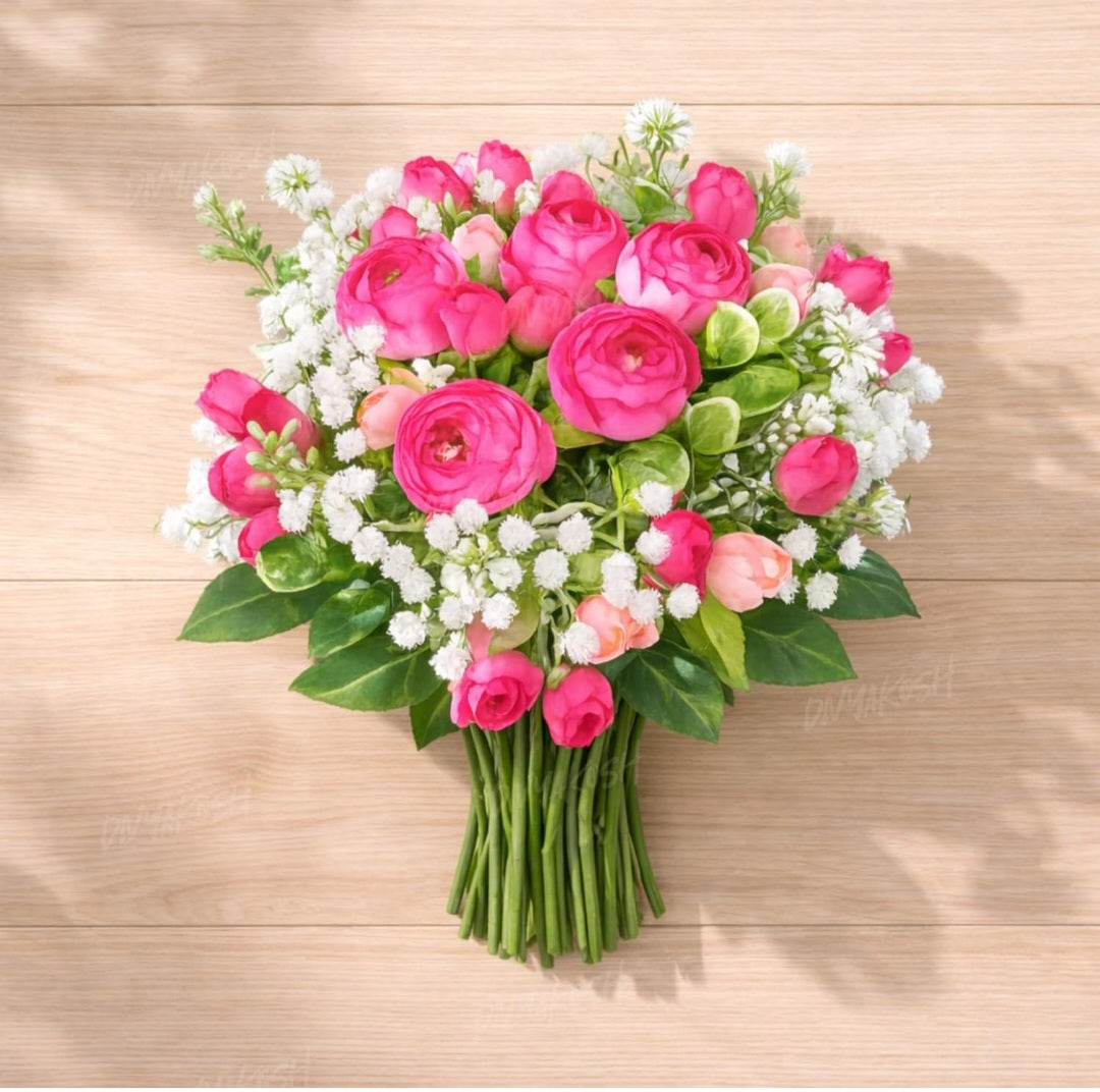 Yarma Divyakosh Artificial Peony Flower Bunch for Vase | Real Touch Faux Flowers with Gypsophila & Green Leaves