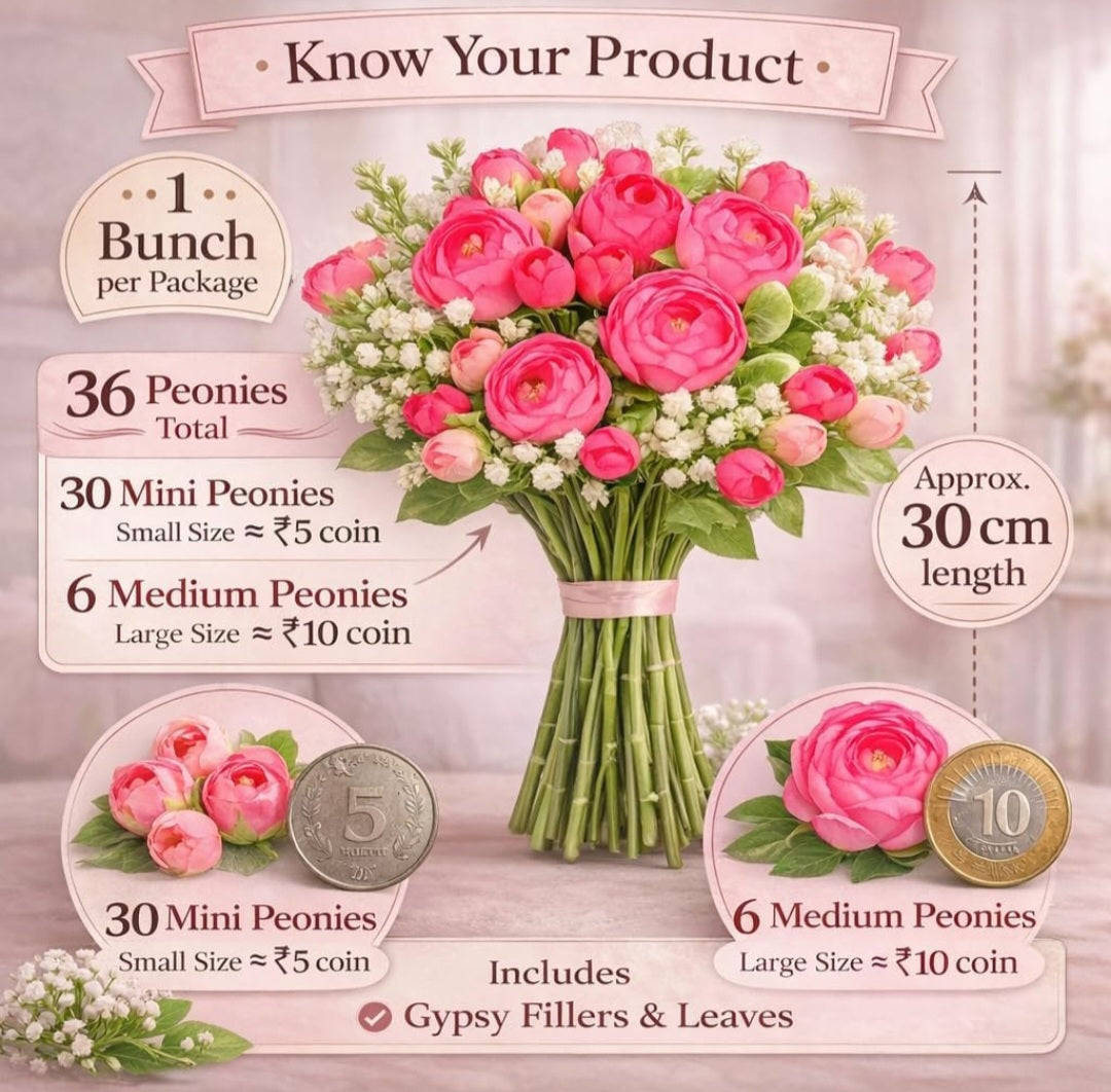 Yarma Divyakosh Artificial Peony Flower Bunch for Vase | Real Touch Faux Flowers with Gypsophila & Green Leaves