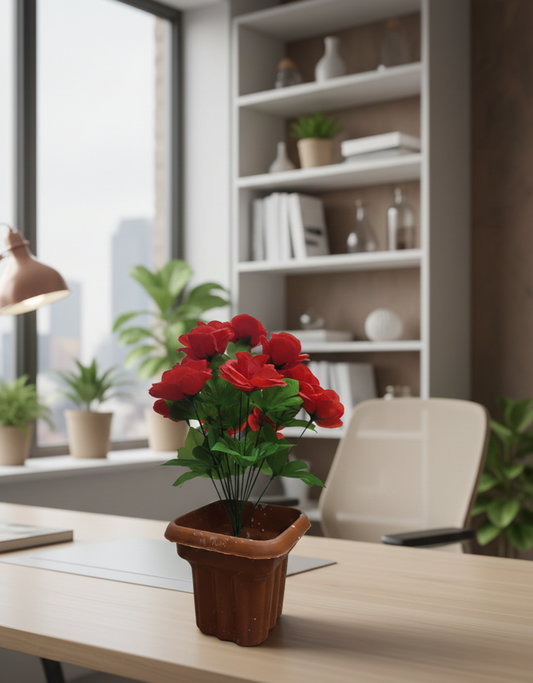 Yarma Vibrant Artificial Red Rose Desk Plant – Lifelike Faux Floral Arrangement in Classic Terracotta-Style Pot